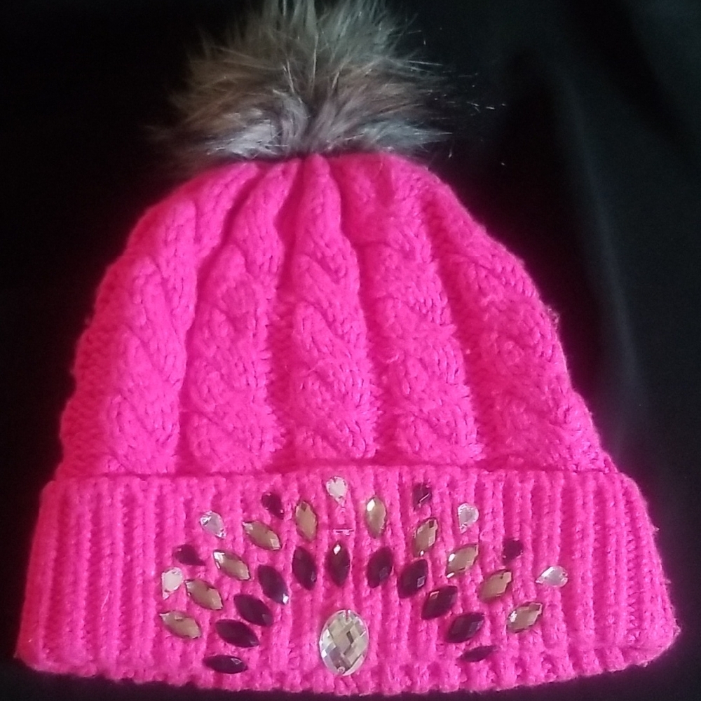 Betsey Johnson Pink Knit Beanie with Faux Fur Pom